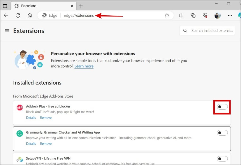 Desactivar extensiones en Microsoft Edge