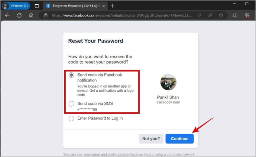 Página de restablecimiento de contraseña de Facebook