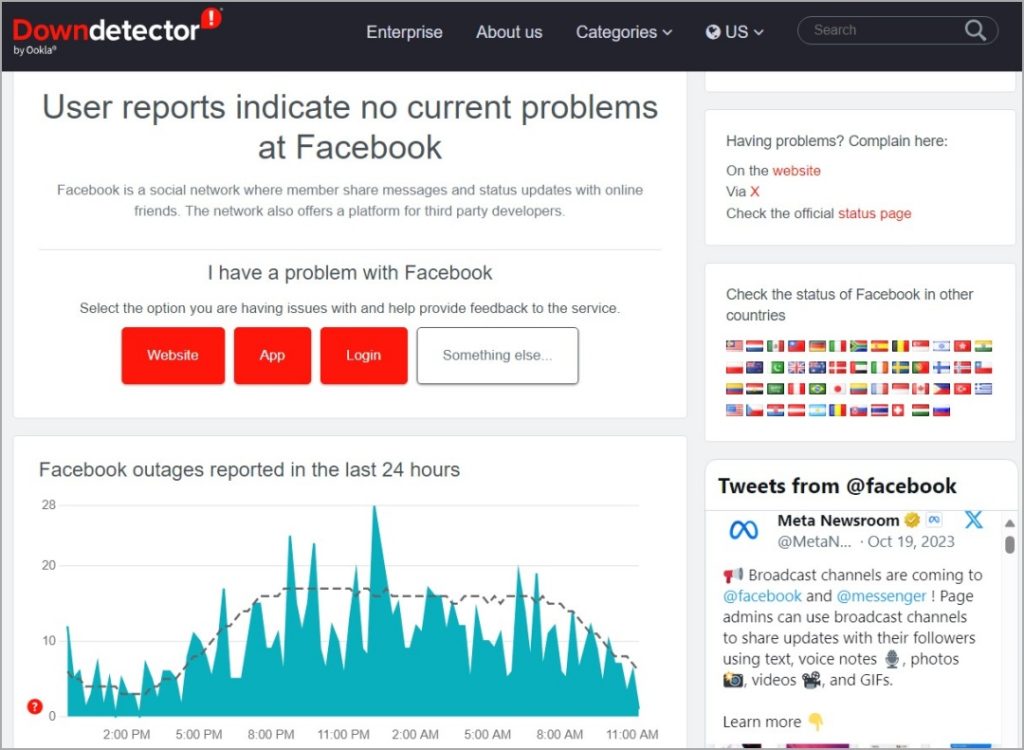 Página de Detector de Facebook