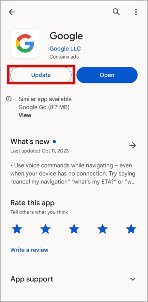 Actualizar la aplicación Google en Android