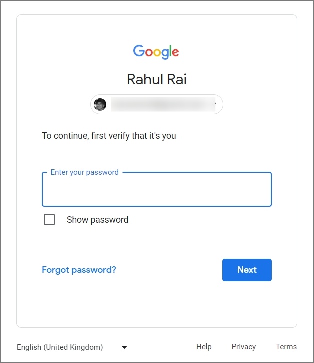 Ingrese la contraseña de Google