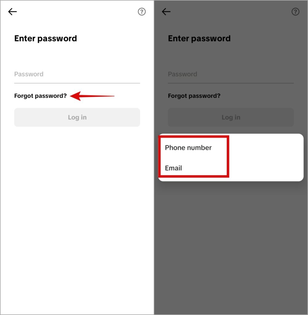 Opción de contraseña olvidada en la aplicación Tiktok