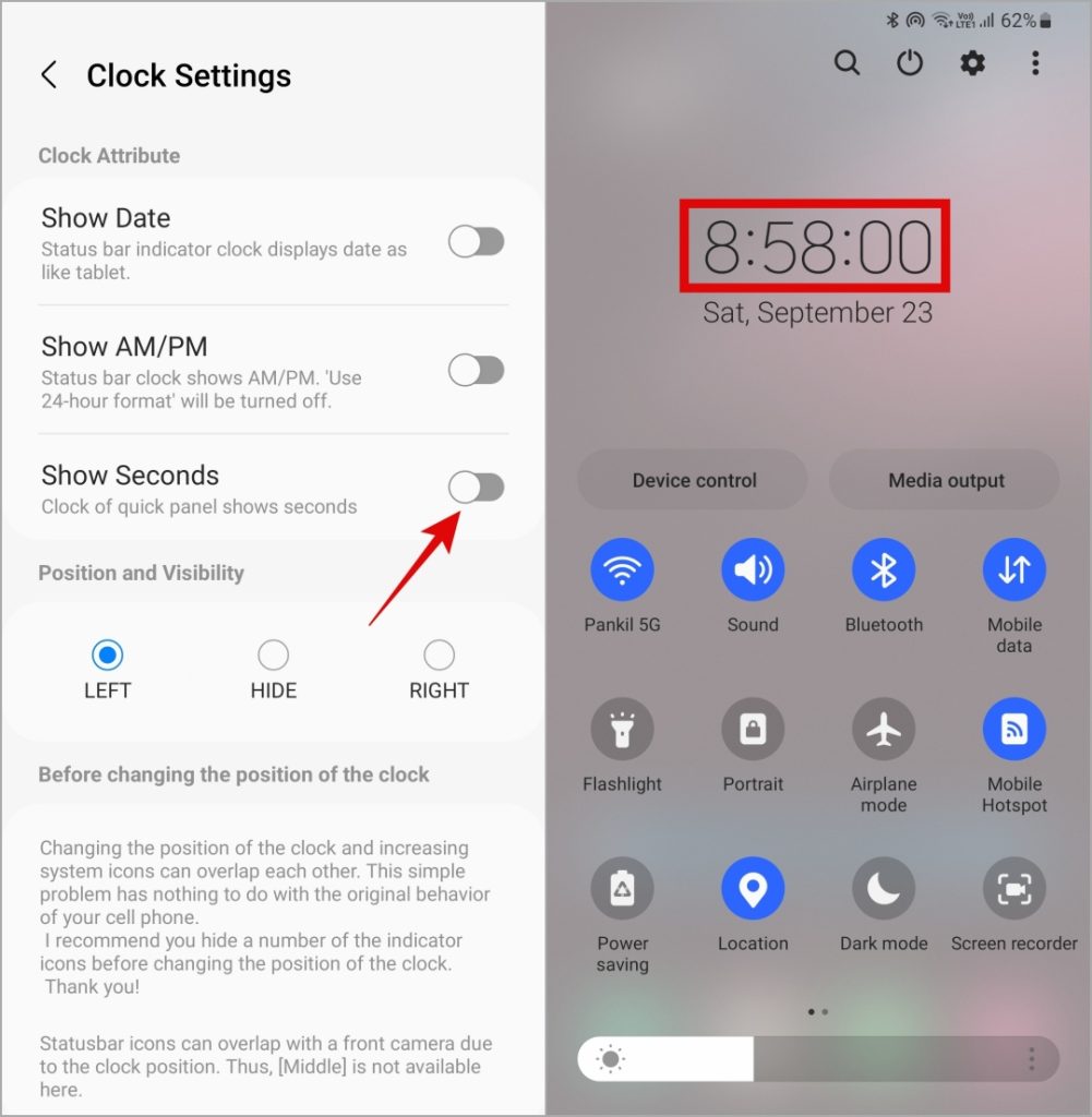 Mostrar segundos en el reloj de teléfono Samsung Galaxy