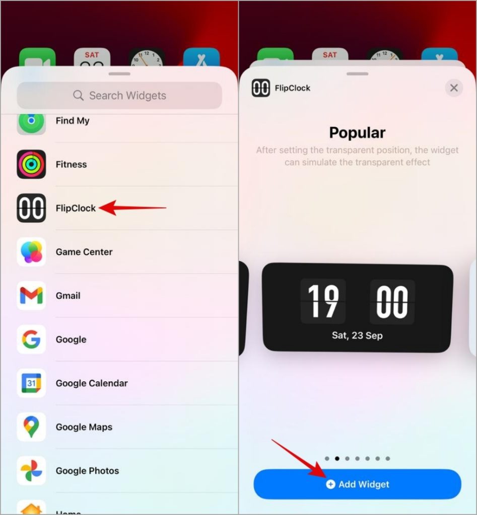 Agregar widget de reloj Flip en la pantalla de inicio del iPhone
