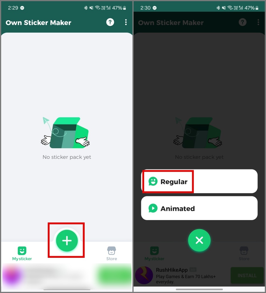 Toque el icono más para crear la pegatina