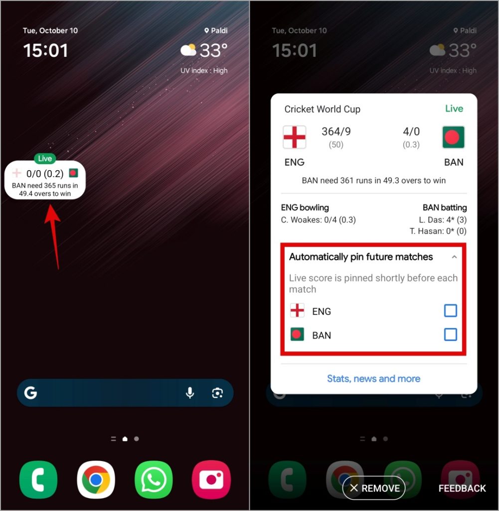 Pin Live Sports Score para equipos favoritos en Android