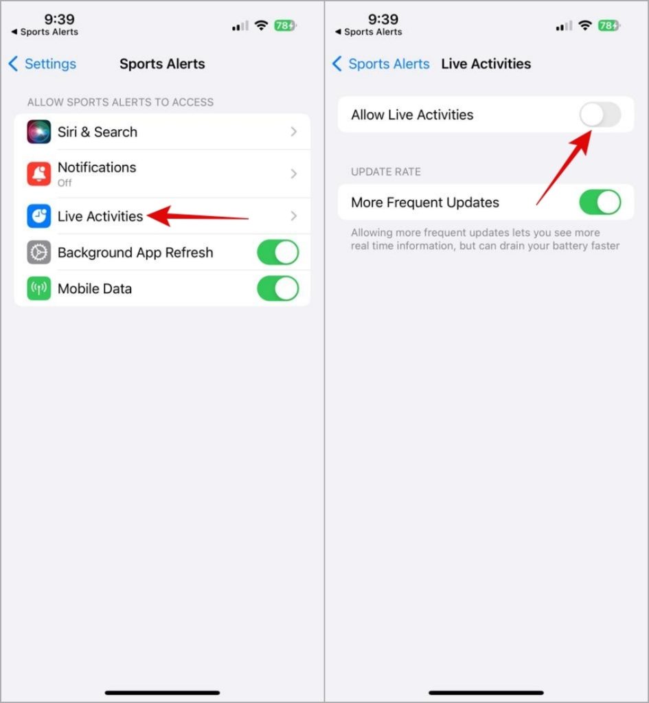 Habilitar la aplicación de actividades en vivo para alertas deportivas en iPhone