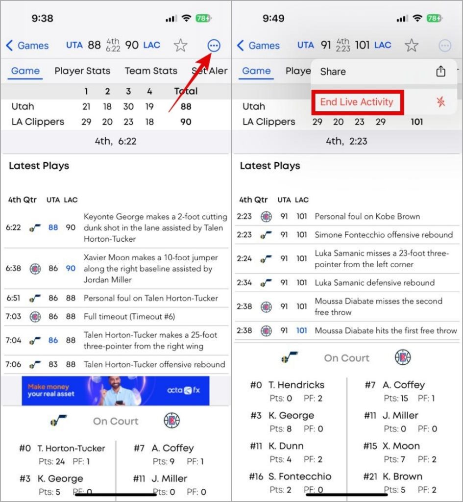 Dejar de seguir un juego deportivo en vivo en iPhone