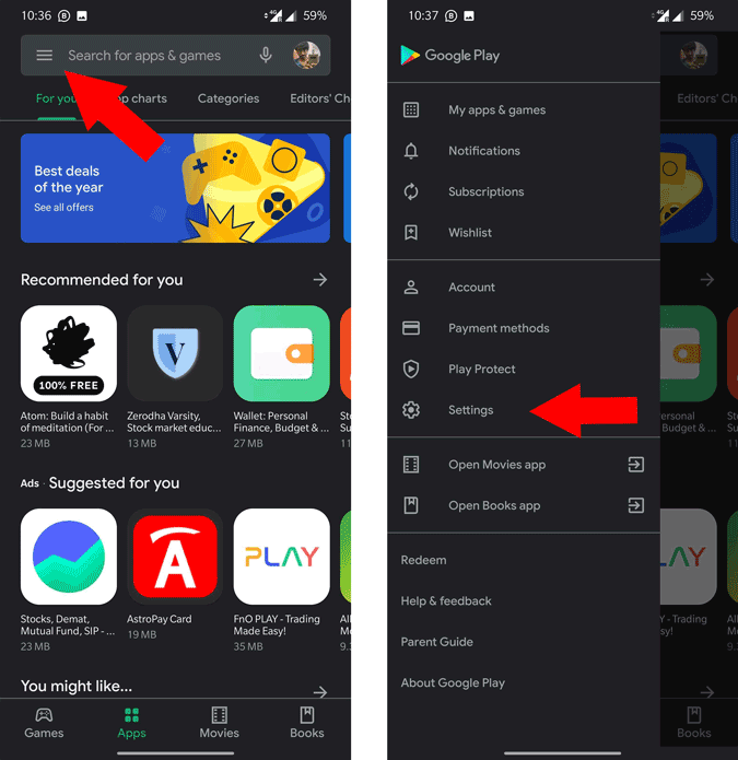 Apertura de la configuración de Play Store 