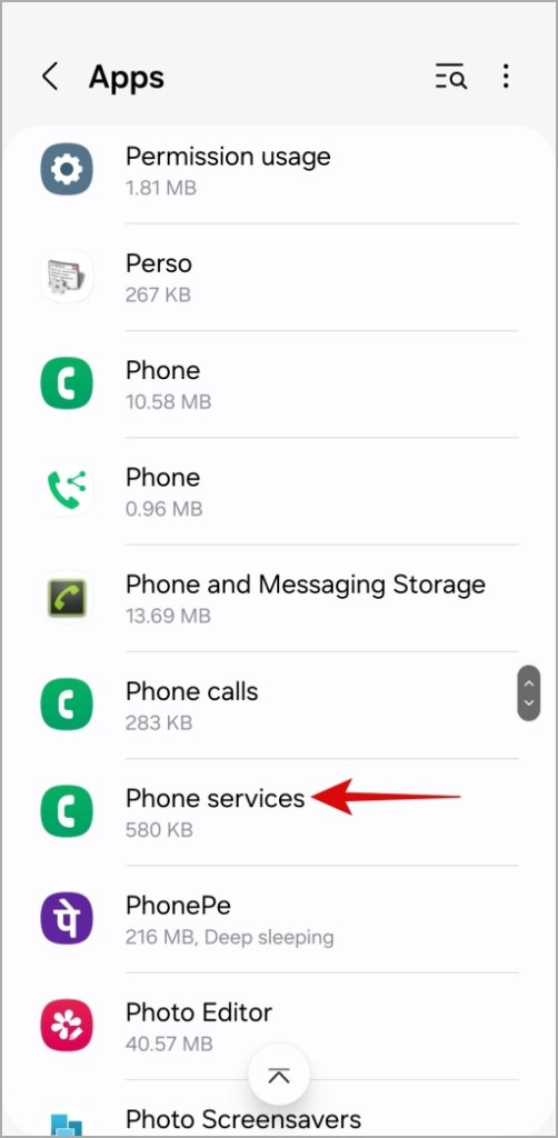 Aplicación de servicios telefónicos en el teléfono Samsung Galaxy