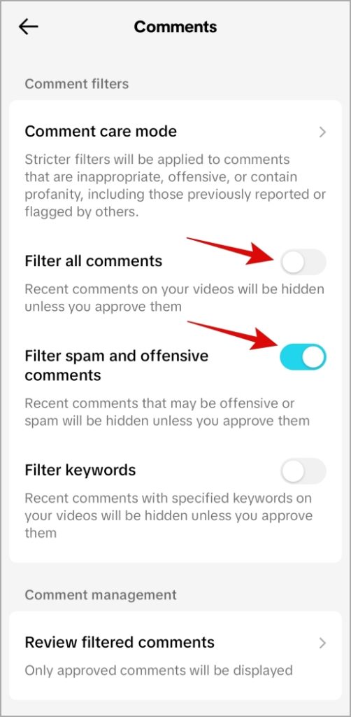 Deshabilitar el filtro de comentarios en tiktok para móvil