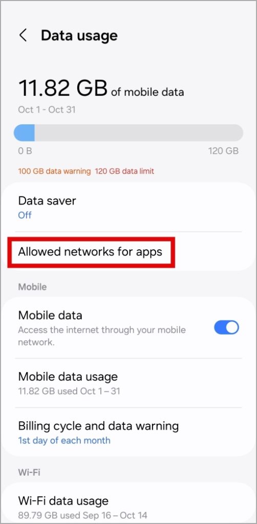 Uso de la red para aplicaciones en el teléfono Samsung Galaxy
