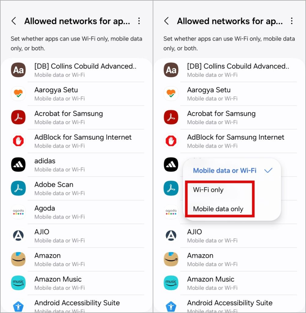Deshabilitar datos móviles o Wi-Fi para una aplicación específica en el teléfono Samsung Galaxy