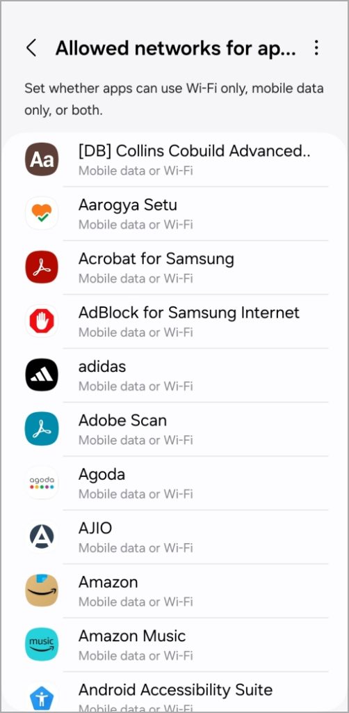 Lista de aplicaciones en el teléfono Samsung Galaxy