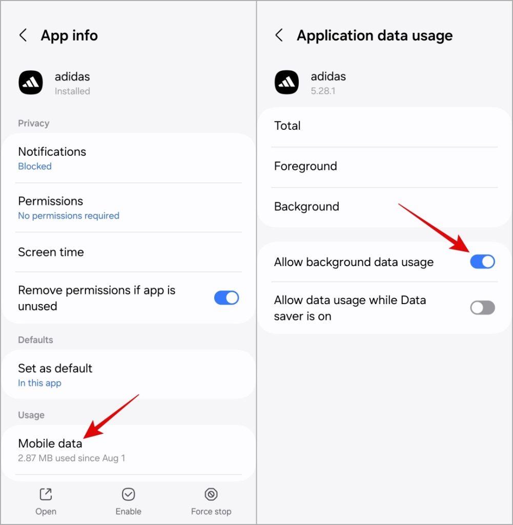 Deshabilitar datos móviles de fondo para una aplicación específica en el teléfono Samsung Galaxy