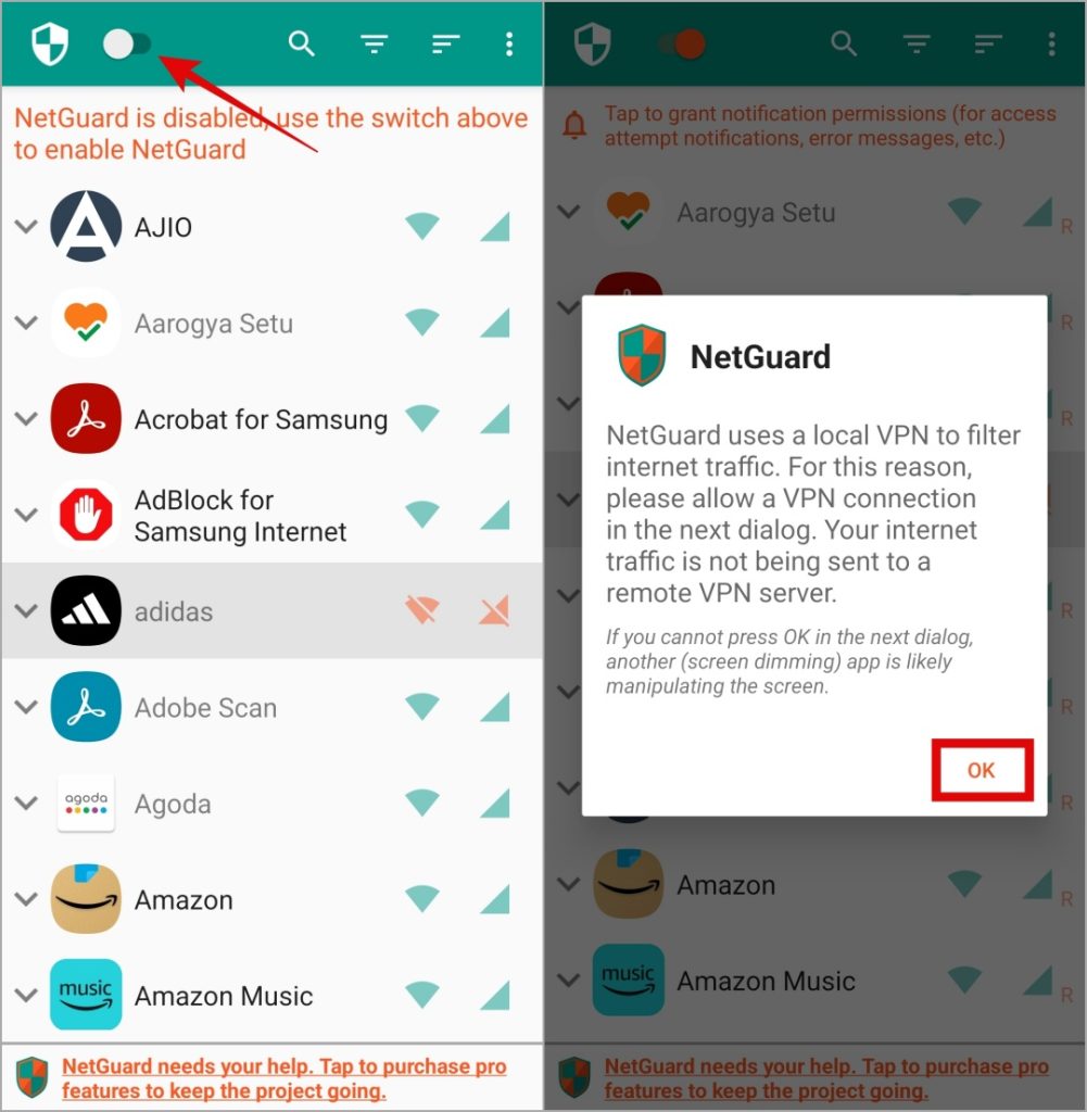 Habilitar NetGuard en el teléfono Samsung Galaxy