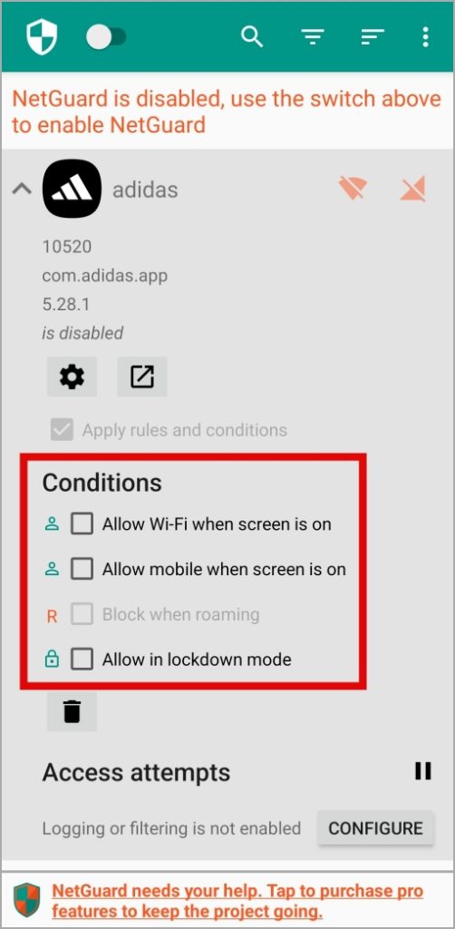 Condiciones en NetGuard en el teléfono Samsung Galaxy