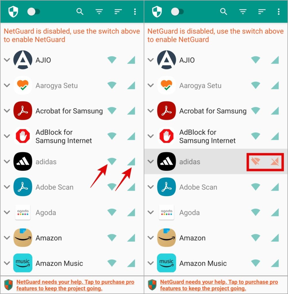 Deshabilitar datos móviles o Wi-Fi para una aplicación específica utilizando NetGuard en el teléfono Samsung Galaxy
