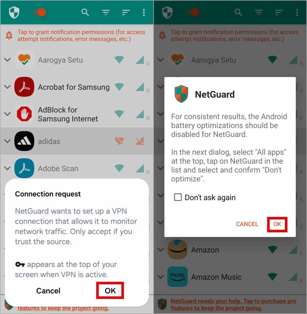 Confirmar habilitar netguard en el teléfono Samsung Galaxy