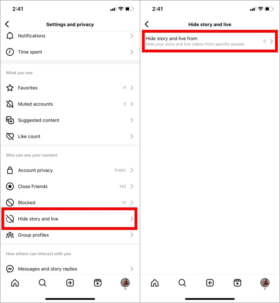 Configuración de la historia en la aplicación Instagram
