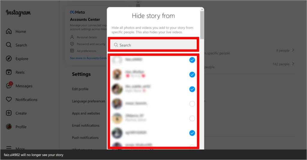 Seleccione personas para ocultar la historia en Instagram en el navegador