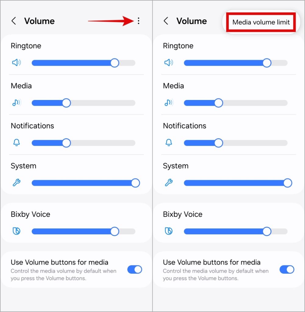 Límite de volumen de medios en el teléfono Samsung Galaxy