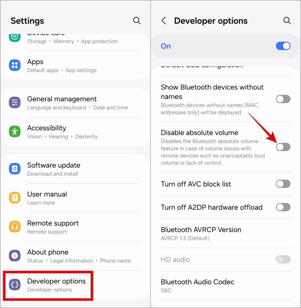 Desactivar el volumen absoluto en el teléfono Samsung Galaxy