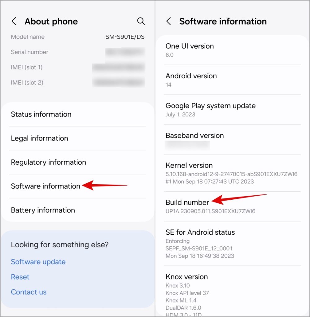 Número de compilación en el teléfono Samsung Galaxy
