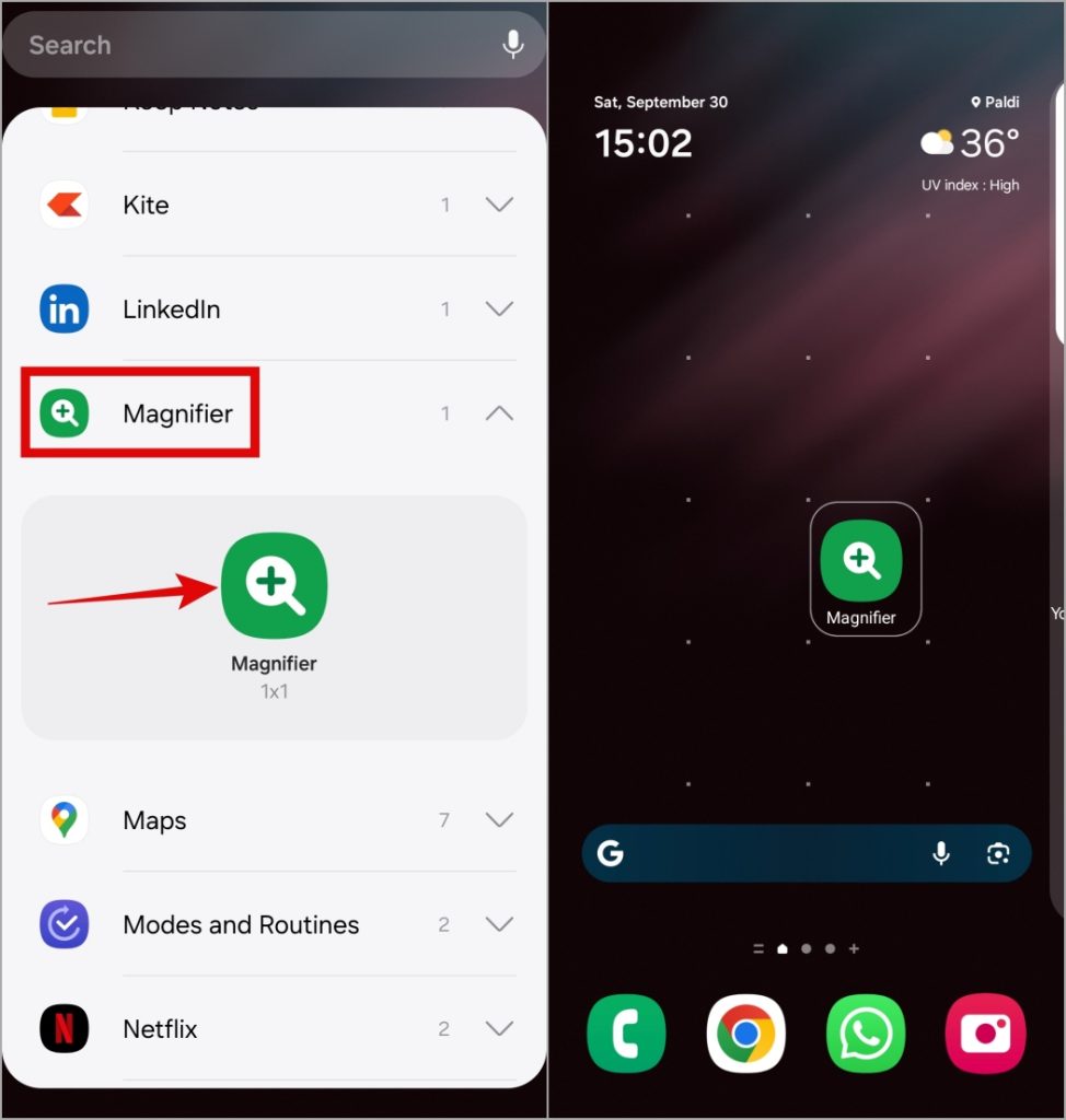 Agregue el acceso directo de lupa en la pantalla de inicio en el teléfono Samsung Galaxy