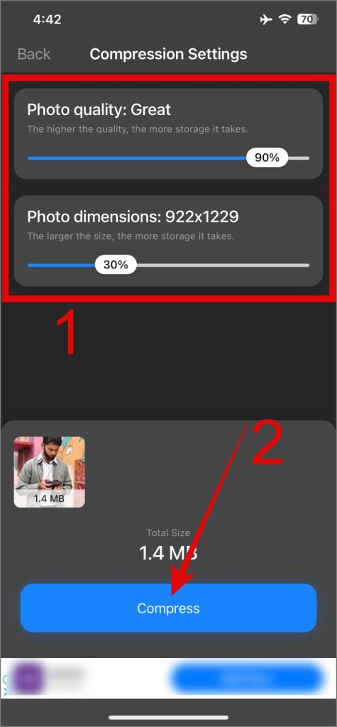 Ajuste la calidad de la foto y las dimensiones