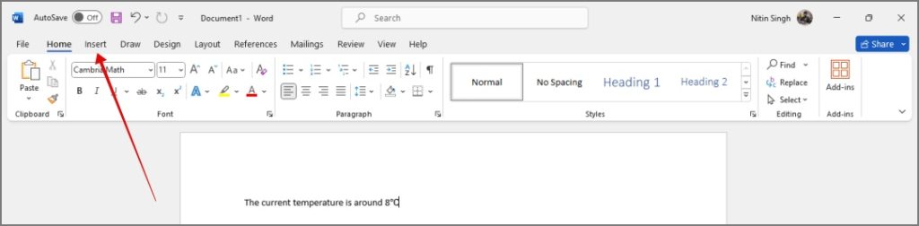 Ir a la pestaña Insertar en Microsoft Word en Windows