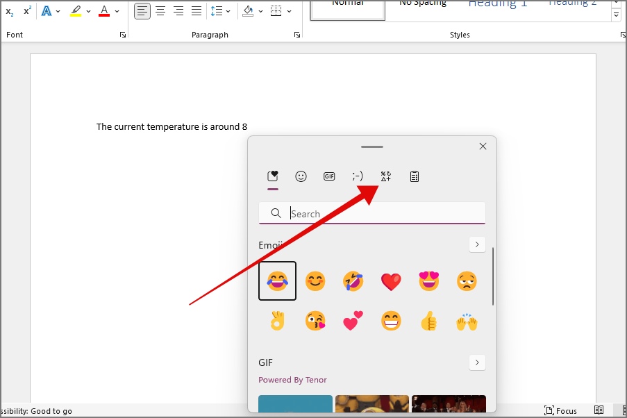 Pasar a la sección de símbolos en el teclado emoji en Windows 11
