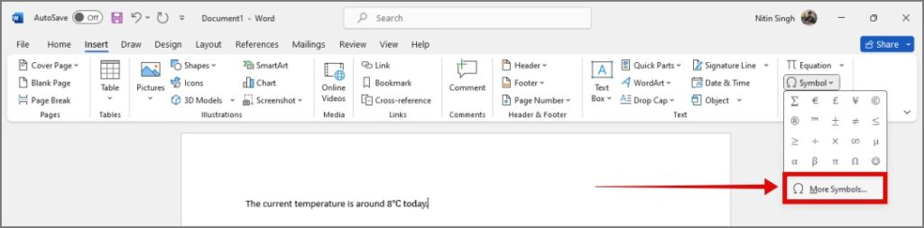 Moverse a la sección de más símbolos en Microsoft Word en Windows 11