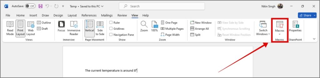 Haga clic en las macros para acceder al menú desplegable en Microsoft Word en Windows