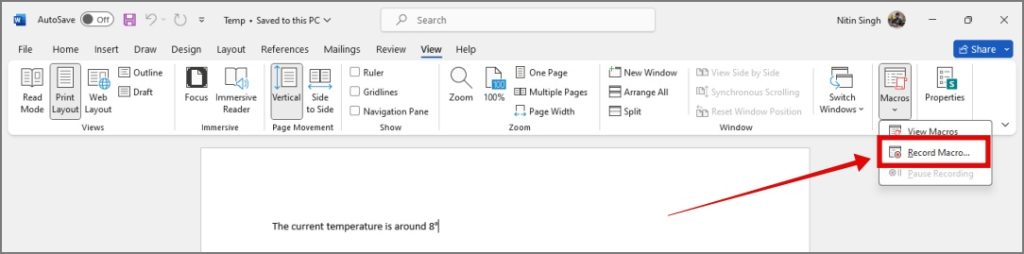 Comience a grabar una macro en Microsoft Word en Windows