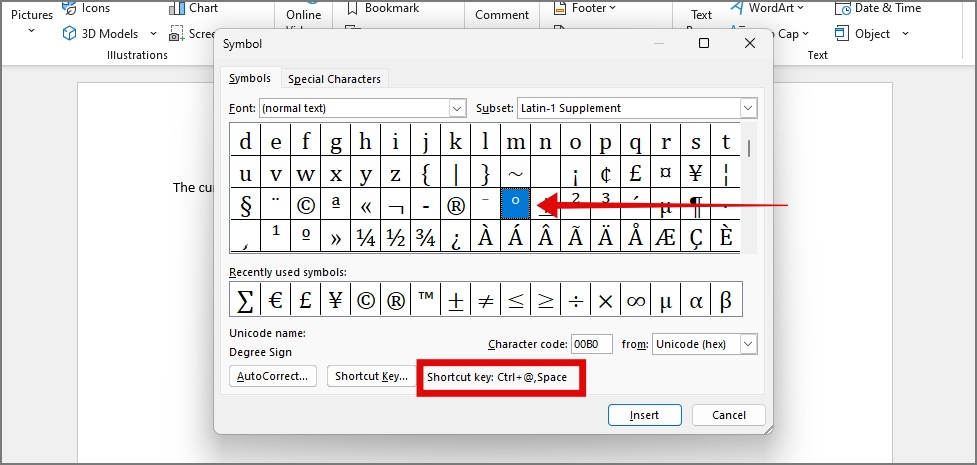 Observar la tecla de acceso directo desde el cuadro de diálogo de símbolos en Microsoft Word en Windows