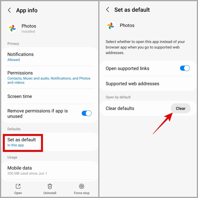 Borrar predeterminados para una aplicación en el teléfono Samsung Galaxy
