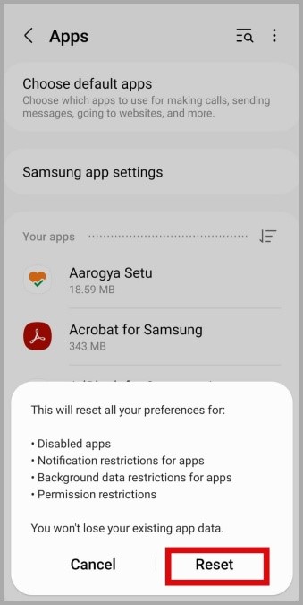 Restablecer las preferencias de la aplicación en el teléfono Samsung