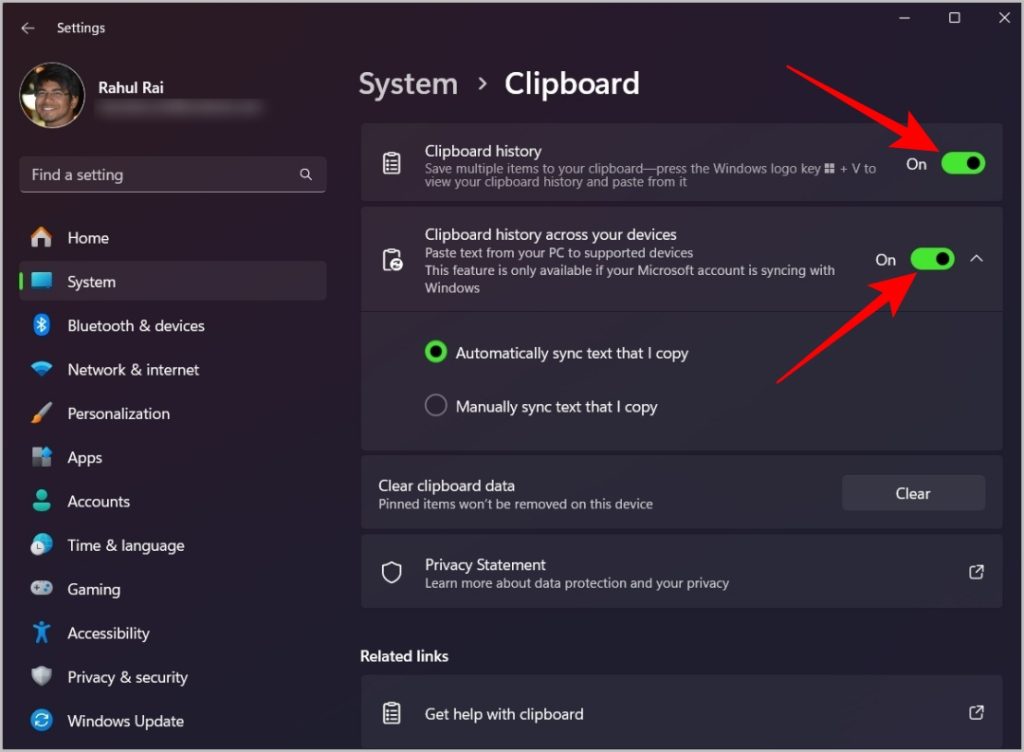 Opción de historial de portapapeles en Windows