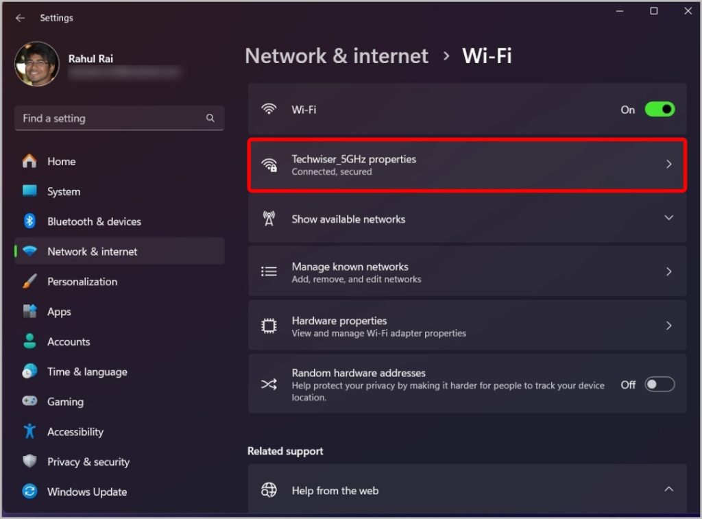 Apertura de propiedades WiFi en Windows