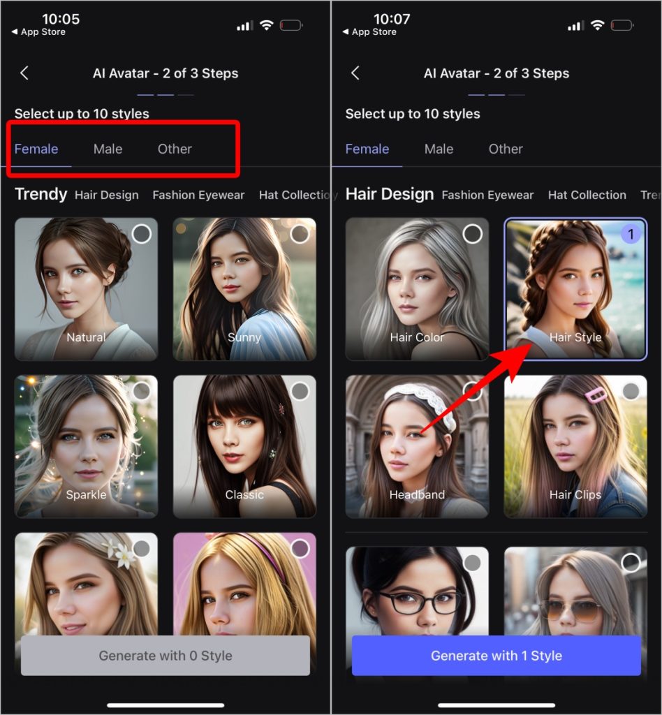 Seleccionando la opción de peinado en Vivid Ai