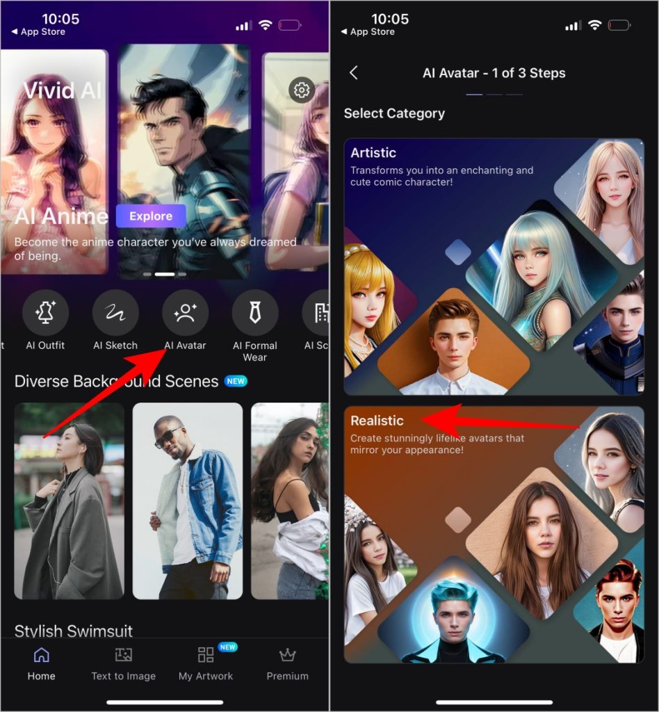 Seleccionando AI Avatar en Vivid Ai