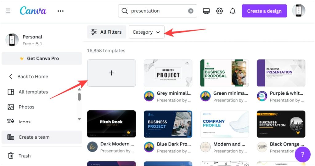 Elija la plantilla de presentación en Canva