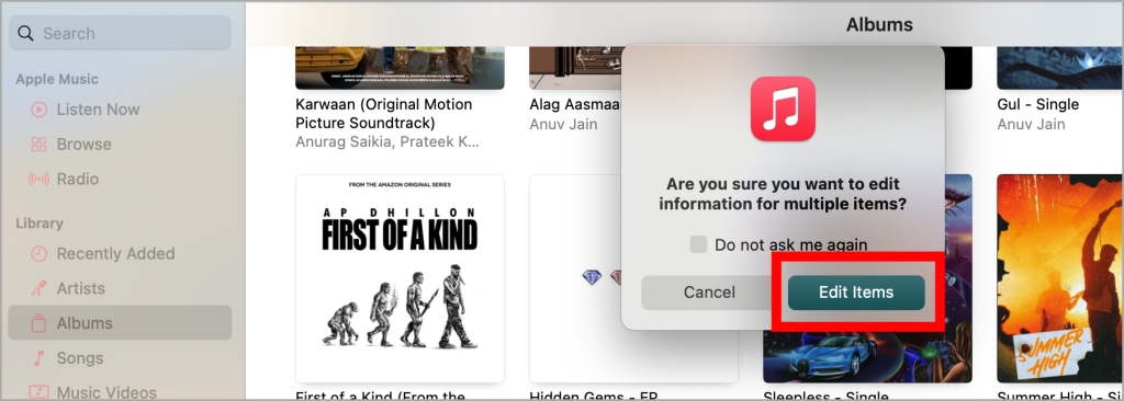 Editar el botón de elementos en la portada del álbum Apple Music para cambiar