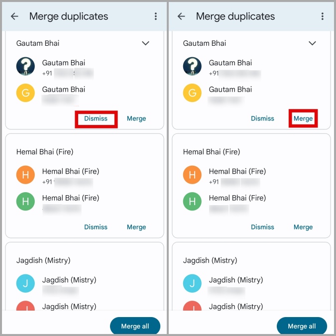 Fusionar o descartar contactos duplicados en la aplicación de contactos de Google