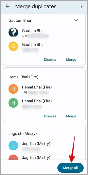 Fusionar todos los contactos duplicados en la aplicación de contactos de Google