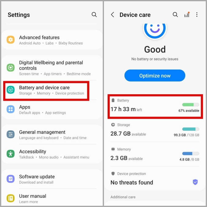 Configuración de la batería en el teléfono Samsung