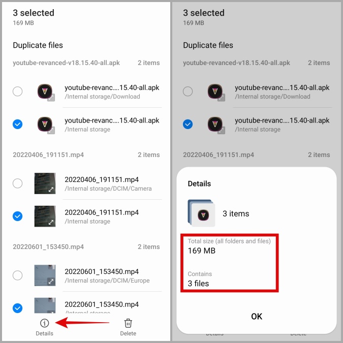Tamaño total de fotos duplicadas en el teléfono Samsung Galaxy