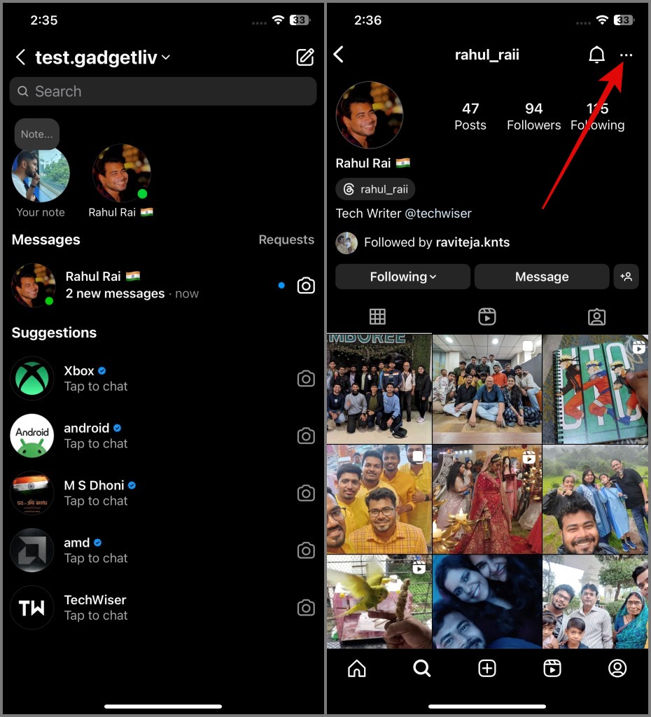 Vaya a la página de perfil de Instagram del remitente