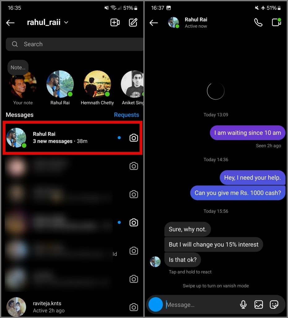 Abra el chat de Instagram